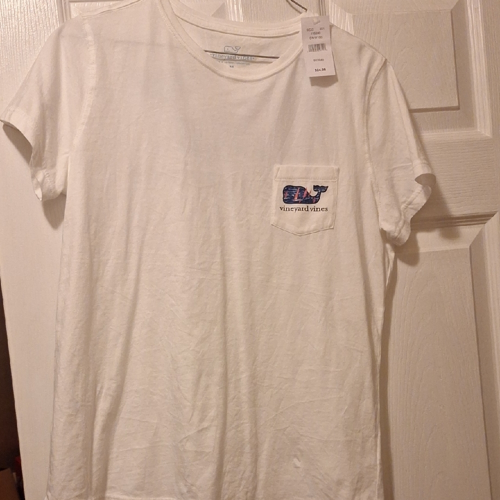 Vineyard Vines White Tee with Blue Whale Pocket